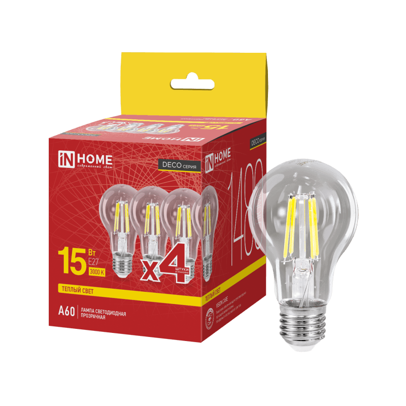 Лампа светодиодная LED-A60-deco 4PACK 15Вт 230В Е27 3000К 1480Лм (4шт./упак) прозрачная IN HOME