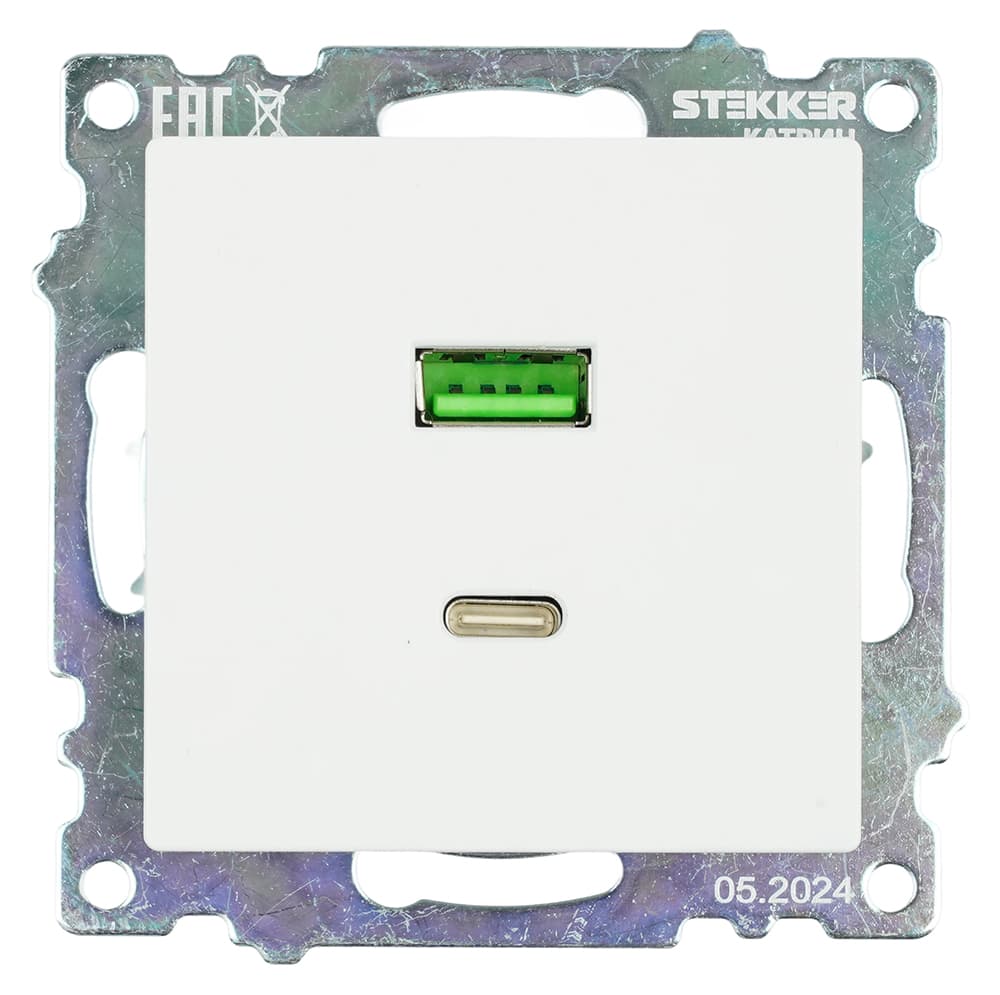 Розетка 2-местная USB+TypeC (механизм) 250В 3А max 20W серия Катрин белый STEKKER