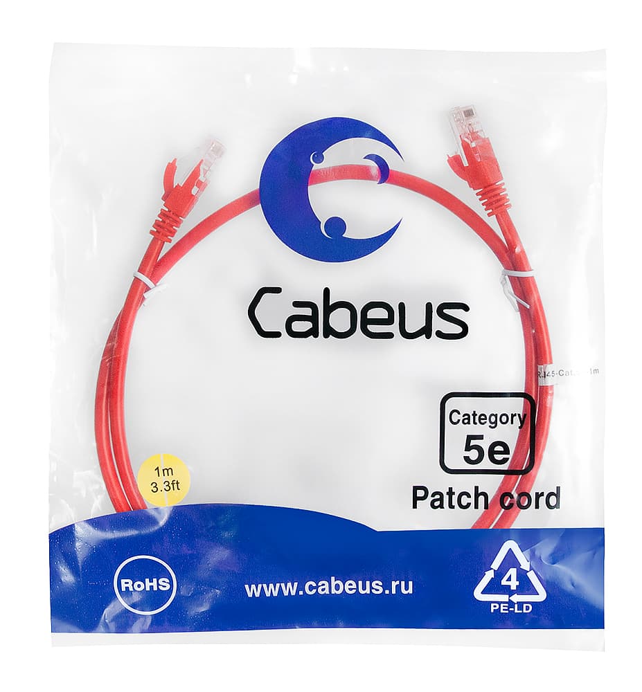 Патч-корд U/UTP, категория 5е, 2xRJ45/8p8c, неэкранированный, красный, PVC, 1м