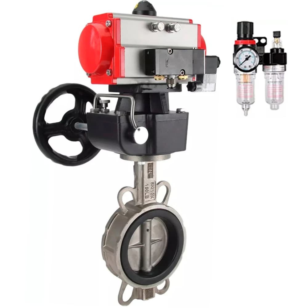 Затвор дисковый поворотный 304-304-VITON-2W-Fb-H Ду200 Ру16, нержавеющая сталь 304, уплотнение VITON, с пневмоприводом DA-140, пневмораспределителем PND2-S1EM-52-1NC-J08-220VAC, ручным дублером HDM-4 и БПВ APU1-10-40-V08