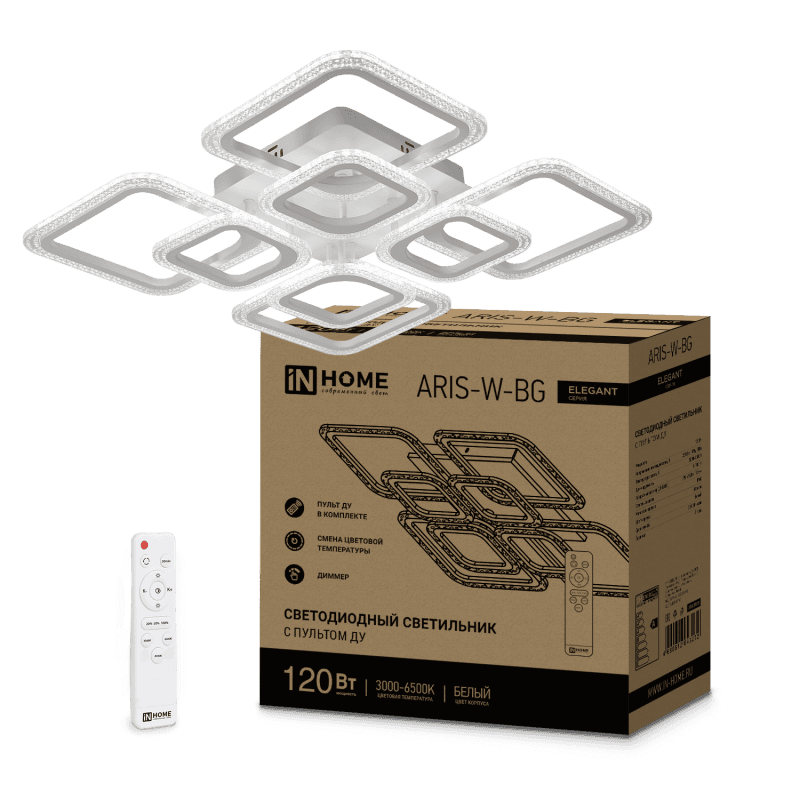 Светильник светодиодный ELEGANT ARIS-W-BG 120Вт 230В 3000-6500K 8400Лм 585х585х115мм пульт ДУ белый IN HOME