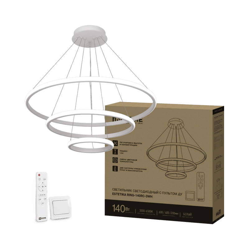 Светильник светодиодный ESTETIKA RING-140RC-3WH 140Вт 230В 3000-6500K 600/400/200 1.2м трос пульт ДУ белый IN HOME