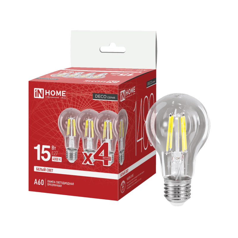 Лампа светодиодная LED-A60-deco 4PACK 15Вт 230В Е27 4000К 1480Лм (4шт./упак) прозрачная IN HOME