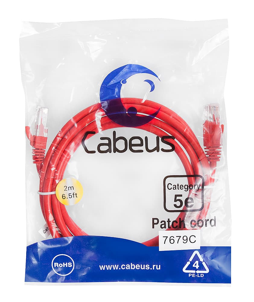 Патч-корд U/UTP, категория 5е, 2xRJ45/8p8c, неэкранированный, красный, PVC, 2м