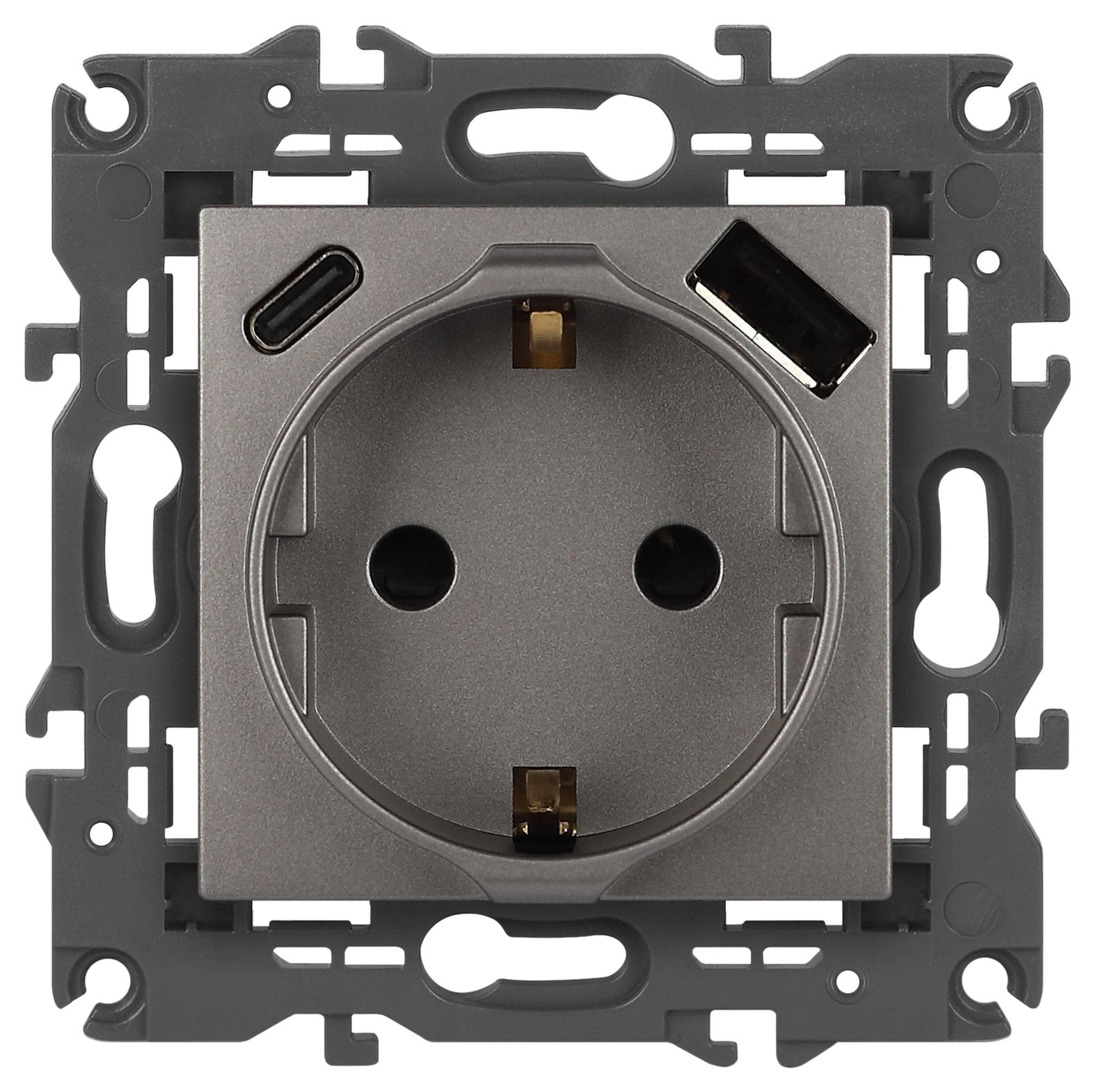 Розетка Elegance 14-4108-16 2P+E 16A-250В со шторками с USB type-A+C 5В-3А титан