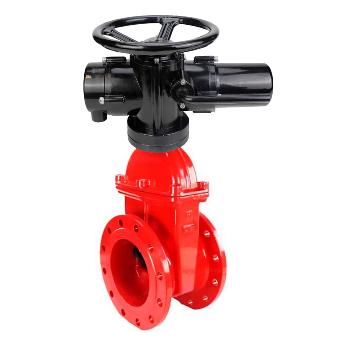 Задвижка клиновая 30ч939р GGG50-GGG50-EPDM-RED Ду100 Ру10/16, фланцевая, корпус чугун GGG50, уплотнение EPDM, c ОСТ-фланцем тип А и невыдвижным штоком, цвет красный, с эл.приводом многооборотным VGD-005 220В пятикулачковым