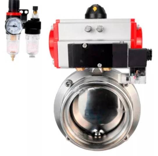 Затвор дисковый поворотный 304-304-EPDM-2W-T-H Ду25 Ру10 резьбовой, пищевая нержавеющая сталь 304, уплотнение – EPDM, с пневмоприводом DA-052, пневмораспределителем PND2-S1EM-52-1NC-J08-220VAC и БПВ APU1-10-40-V08