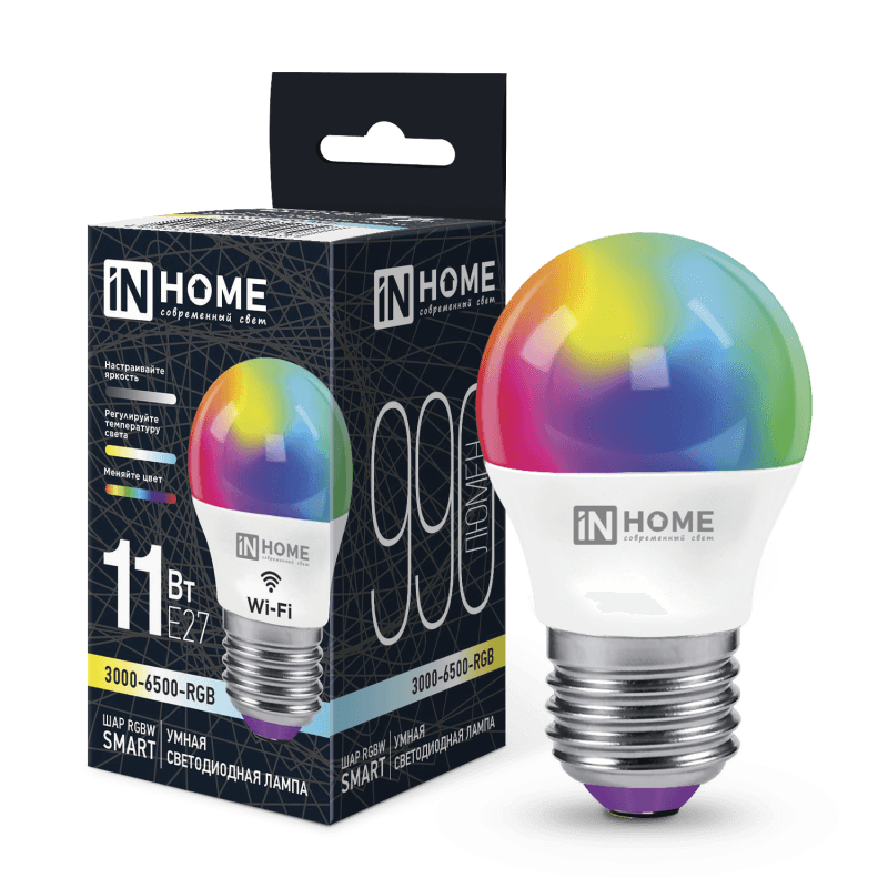 Лампа светодиодная LED-ШАР-RGBW-SMART 11Вт 230В димм. Е27 3000-6500К 990Лм IN HOME