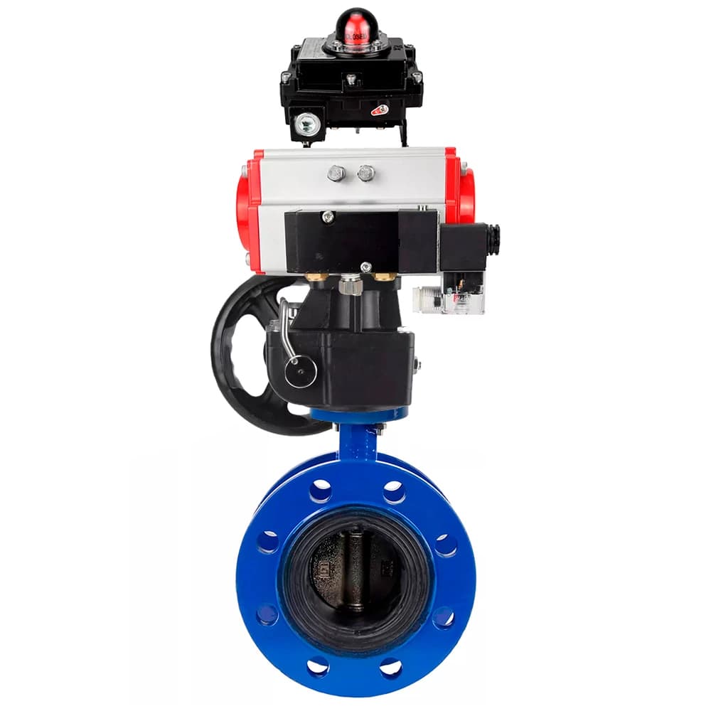 Затвор дисковый поворотный GGG40-304-EPDM-2W-F-H Ду125 Ру16 чугун GGG40, диск нержавеющая сталь 304, EPDM, с пневмоприводом DA-130, пневмораспределителем PND2-S1EM-52-1NC-J08-220VAC, БКВ LSB-410-02ExM12-250 и ручным дублером HDM-3