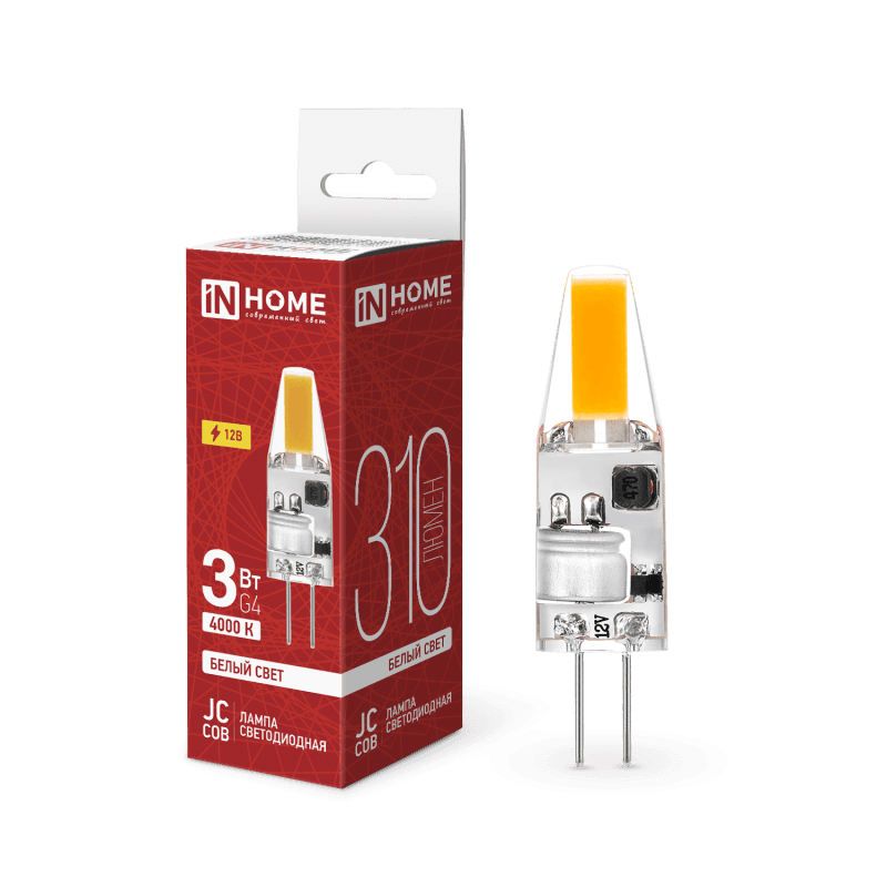 Лампа светодиодная LED-JC-COB 3Вт 12В G4 4000К 310Лм IN HOME
