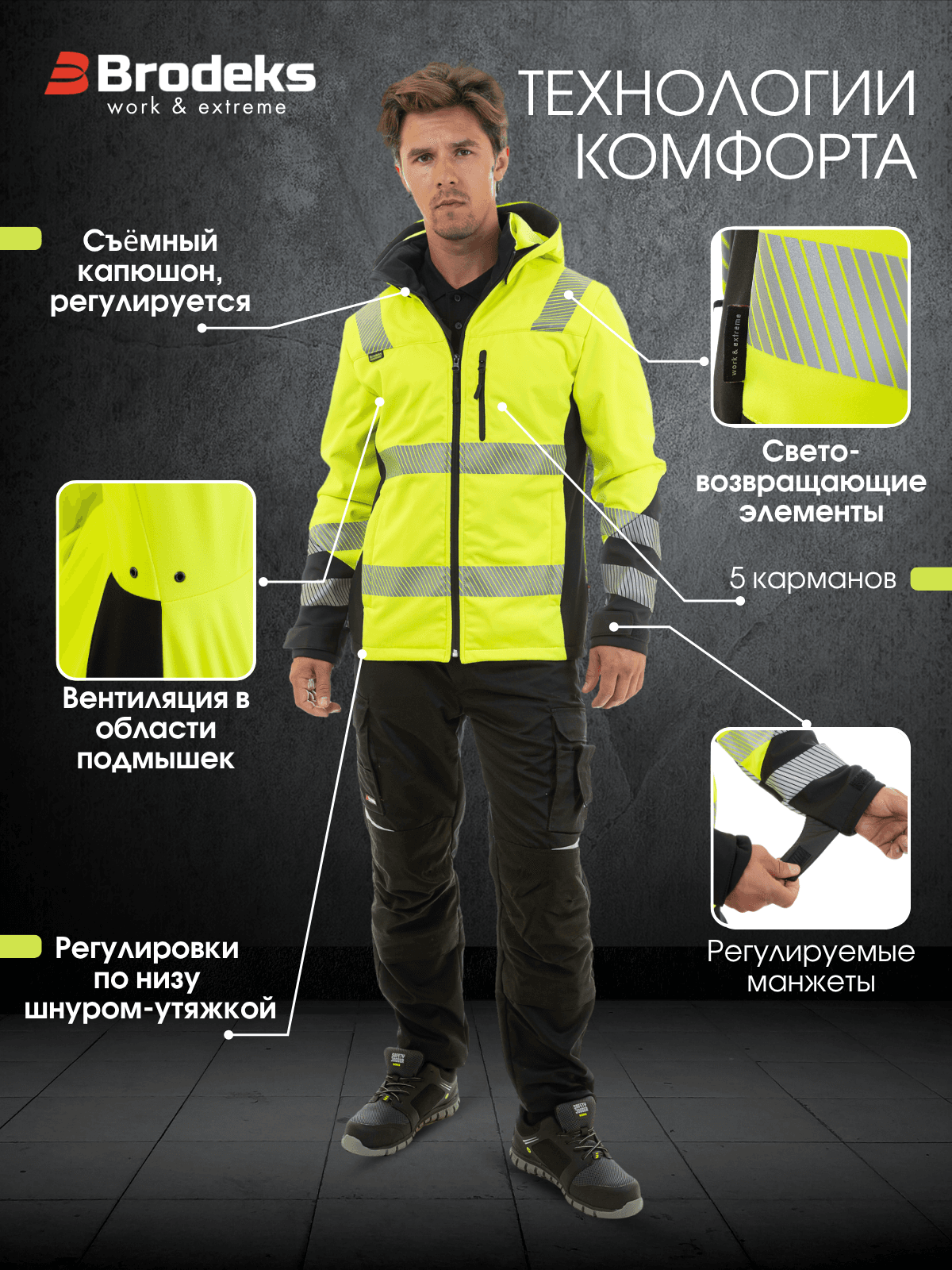 Сигнальная куртка софтшелл Brodeks KS227, желтый/черный (S)
