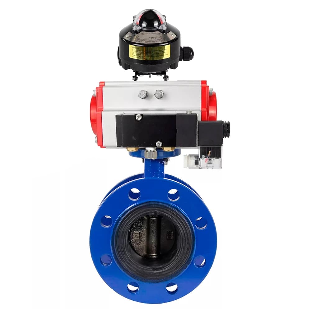 Затвор дисковый поворотный GGG40-304-EPDM-2W-F-H Ду65 Ру16 чугун GGG40, диск нержавеющая сталь 304, уплотнение EPDM, с пневмоприводом DA-105, пневмораспределителем PND2-S1EM-52-1NC-J08-220VAC и БКВ LSB-510-02ExM12-250