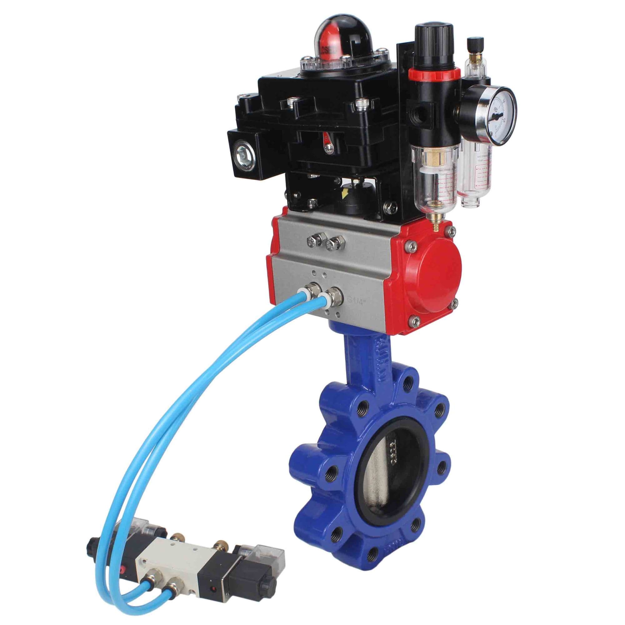 Затвор дисковый поворотный QT450-304-EPDM-2W-Fb-H Ду65 Ру16 чугун QT450, диск нержавеющая сталь 304, уплотнение EPDM, пневмопривод SA-105, пневмораспределитель PND1-S2EM-52-2-T10-220VAC, БКВ LSB-410-02ExM12-250 и БПВ APU1-10-40-V08