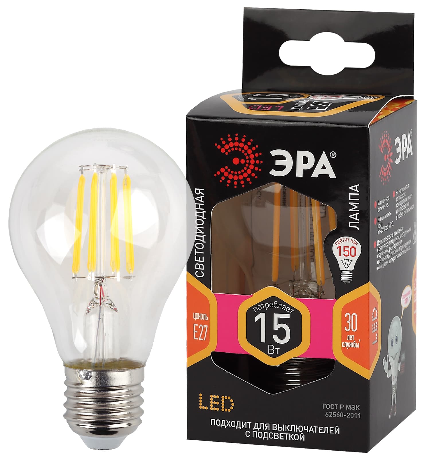 Лампа светодиодная декоративная LED 15 Вт 1950Лм 2700К груша, филамент теплый E27 230В F-LED A60-15W-827-E27