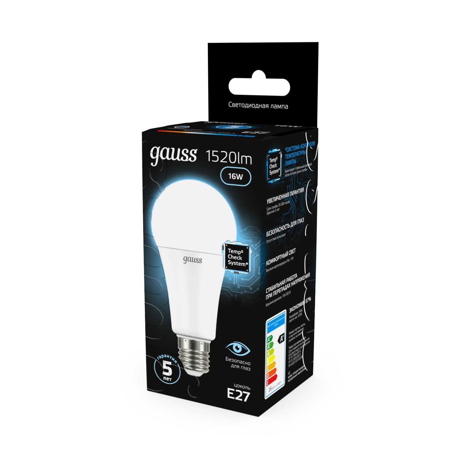 Лампа светодиодная LED 16 Вт 1520 лм 6500К А60 груша холодный E27 AC 220В Black