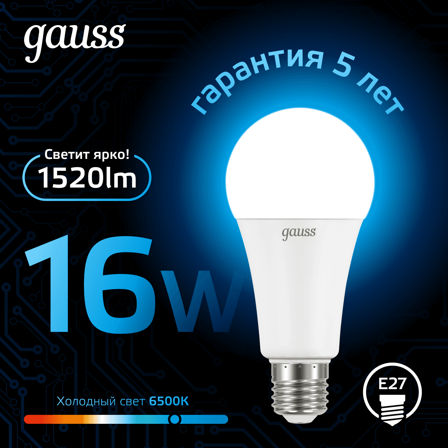 Лампа светодиодная LED 16 Вт 1520 лм 6500К А60 груша холодный E27 AC 220В Black