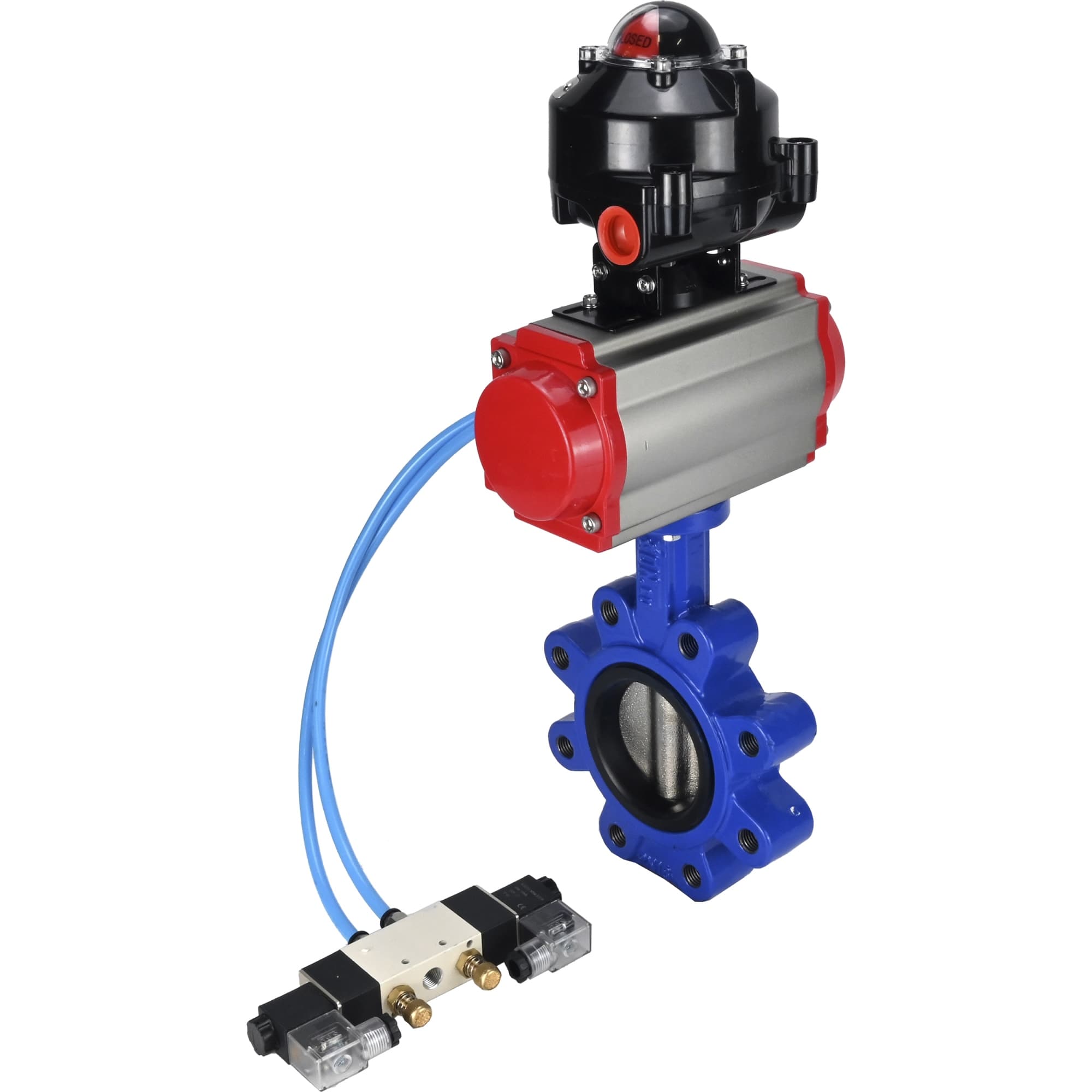 Затвор дисковый поворотный QT450-QT450-EPDM-2W-Fb-H Ду80 Ру16 корпус и диск чугун QT450, уплотнение EPDM, пневмопривод SA-105, пневмораспределитель PND1-S2EM-52-2-T08-220VAC и БКВ LSB-510-02ExM12-250