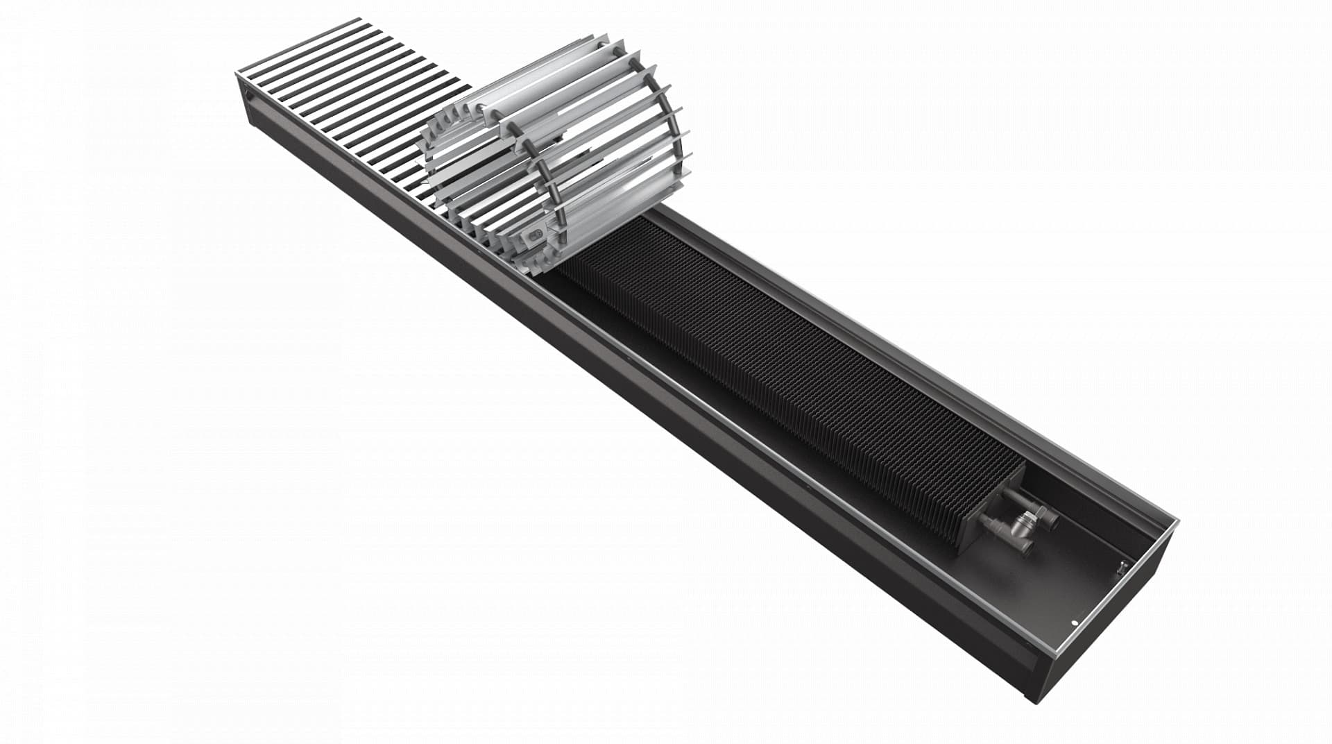 Внутрипольный конвектор 100/260/3100 с естественной конвекцией, решетка из анодированного алюминиевого профиля, концевое подключение