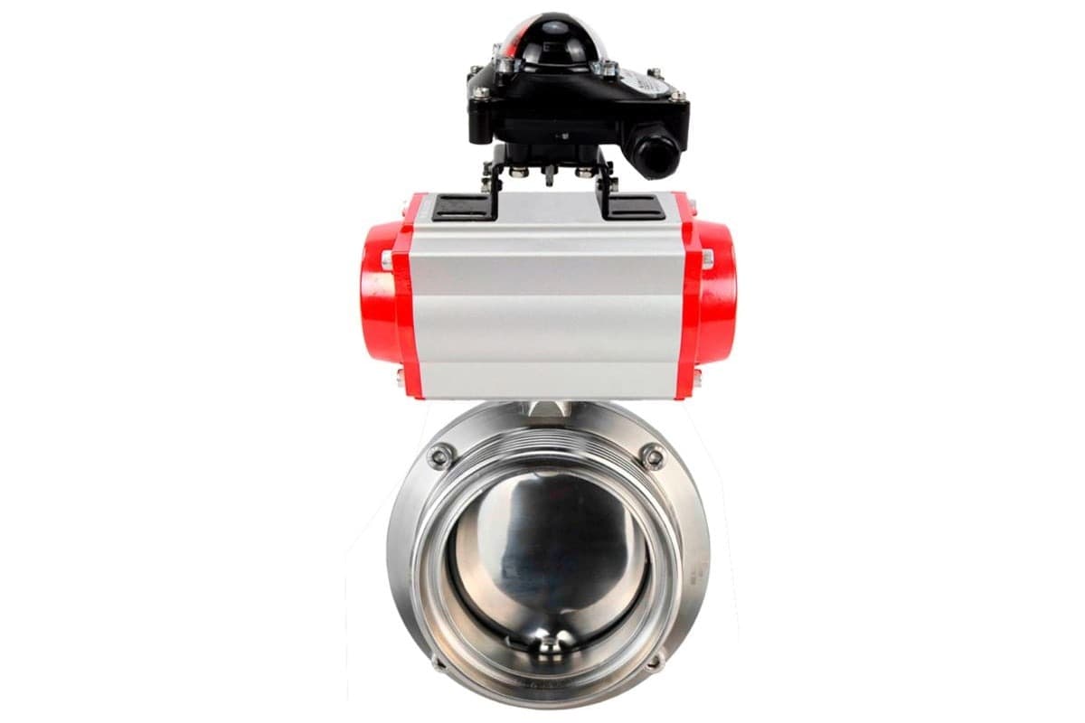 Затвор дисковый поворотный 304-304-EPDM-2W-T-H Ду40 Ру10 пищевая нержавеющая сталь 304, уплотнение EPDM, с пневмоприводом SA-065 и БКВ LSB-210-02NM12-220/24