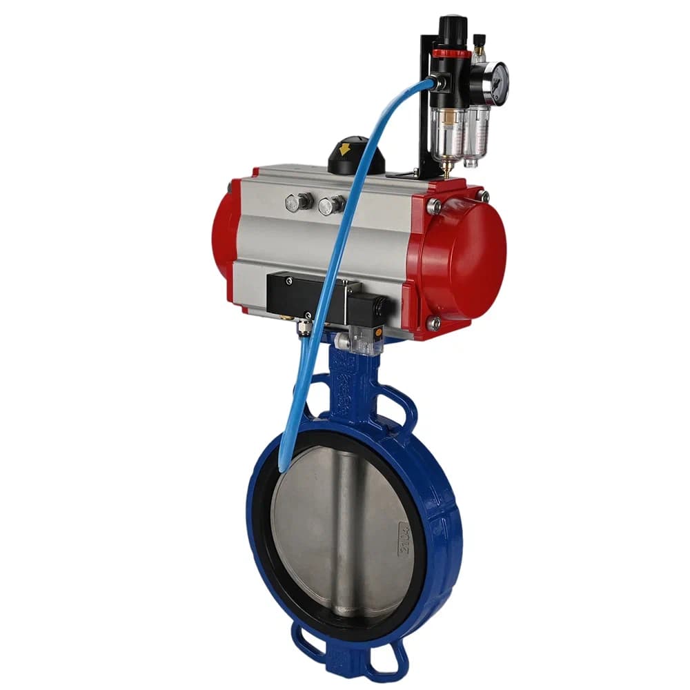 Затвор дисковый поворотный GGG50-316L-EPDM Ду150 Ру16, корпус чугун GGG50, диск нержавеющая сталь 316L, уплотнение EPDM, с пневмоприводом DA-105 двойного действия, с пневмораспределителем PND1-S2EM-52-2-T10-220VAC, с БПВ APU1-10-40-V08