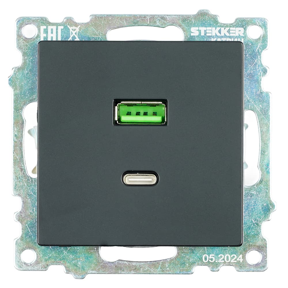 Розетка 2-местная USB+TypeC (механизм) 250В 3А max 20W серия Катрин черный STEKKER