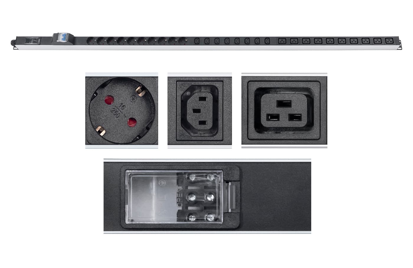 Блок розеток для 19' шкафов, вертикальный, 10 розеток Schuko, 10 розеток IEC 320 C19, 8 розеток IEC 320 C13, 32А, автомат защиты, алюминиевый корпус, клеммная колодка