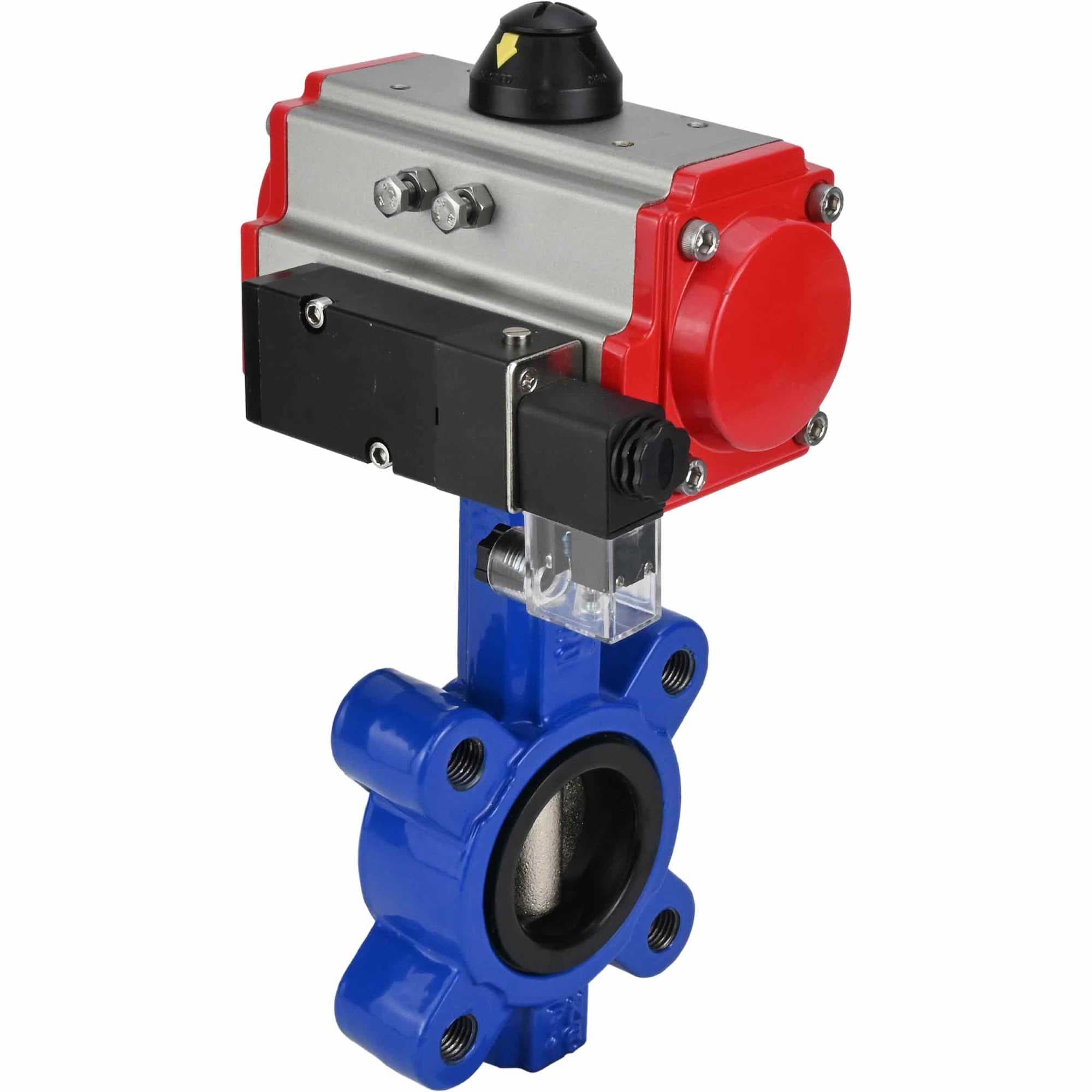 Затвор дисковый поворотный QT450-304-EPDM-2W-Fb-H Ду150 Ру16 корпус чугун QT450, диск нержавеющая сталь 304, уплотнение EPDM, с пневмоприводом DA-105 и пневмораспределителем PND2-S1EM-52-1NC-J08-24VDC