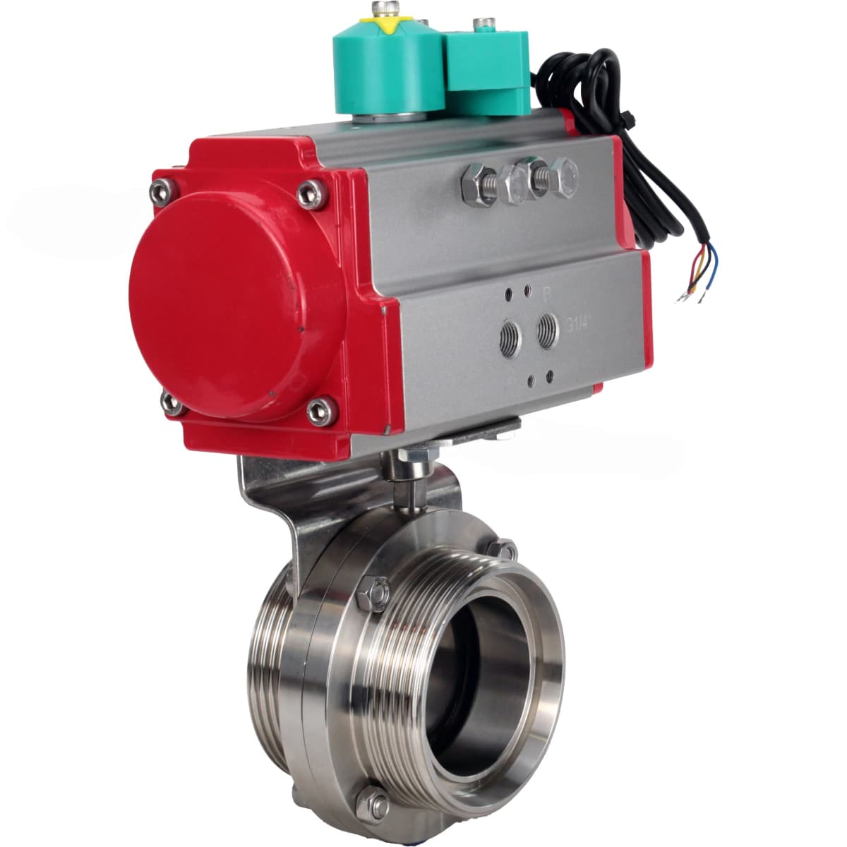 Затвор дисковый поворотный DN.ru 304-304-Sil-2W-T-H Ду20 Ру10 резьбовой, пищевая нержавеющая сталь 304, уплотнение Silicon, с пневмоприводом DA-052 и магнитным переключателем МППП-200