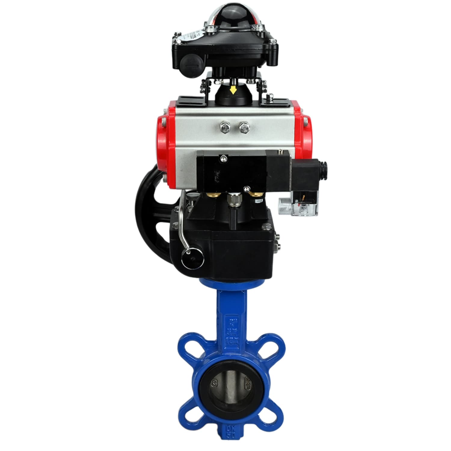 Затвор дисковый поворотный GGG50-316L-EPDM Ду50 Ру16, корпус чугун GGG50, диск нержавеющая сталь 316L, уплотнение EPDM, пневмопривод DA-065, пневмораспределитель PND2-S1EM-52-1NC-J08-220VAC, с БКВ LSB-210-02NM12-220/24, ручной дублёр HDM-1