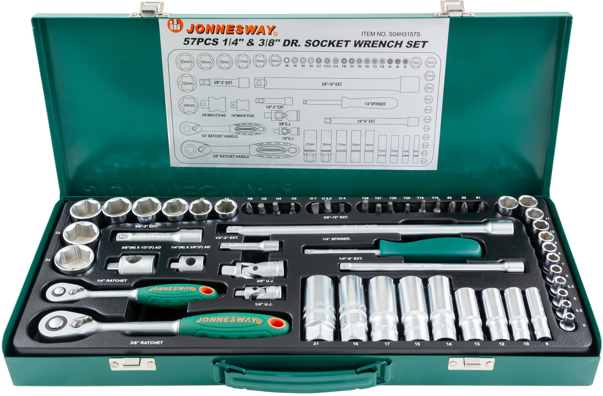 Набор головок торцевых стандартных и глубоких 1/4'' и 3/8''DR, 4-24 мм, 57 предметов