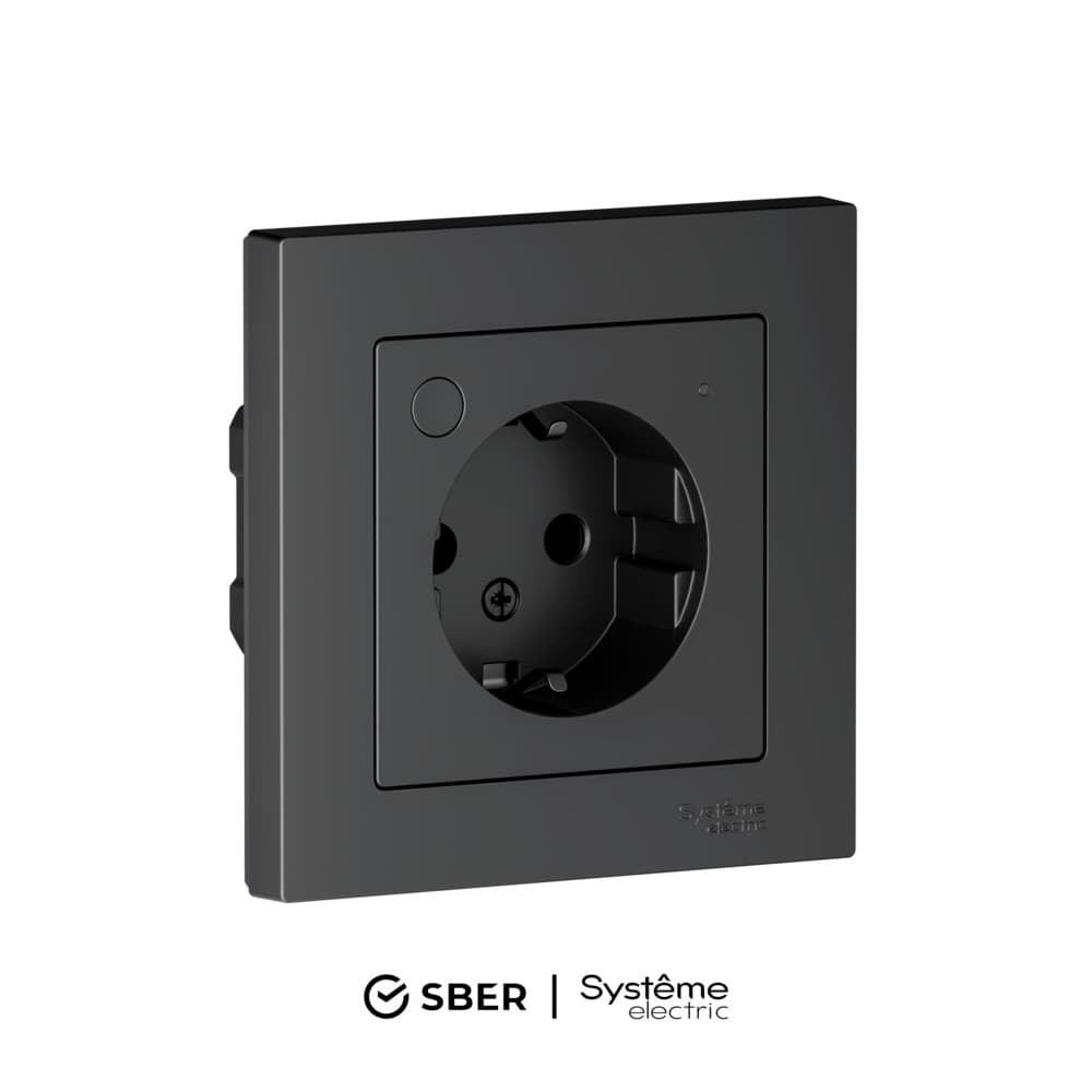 ATLASDESIGN SMART РОЗЕТКА с заземл., со шт., Zigbee, L+N, 16А, мех., КАРБОН