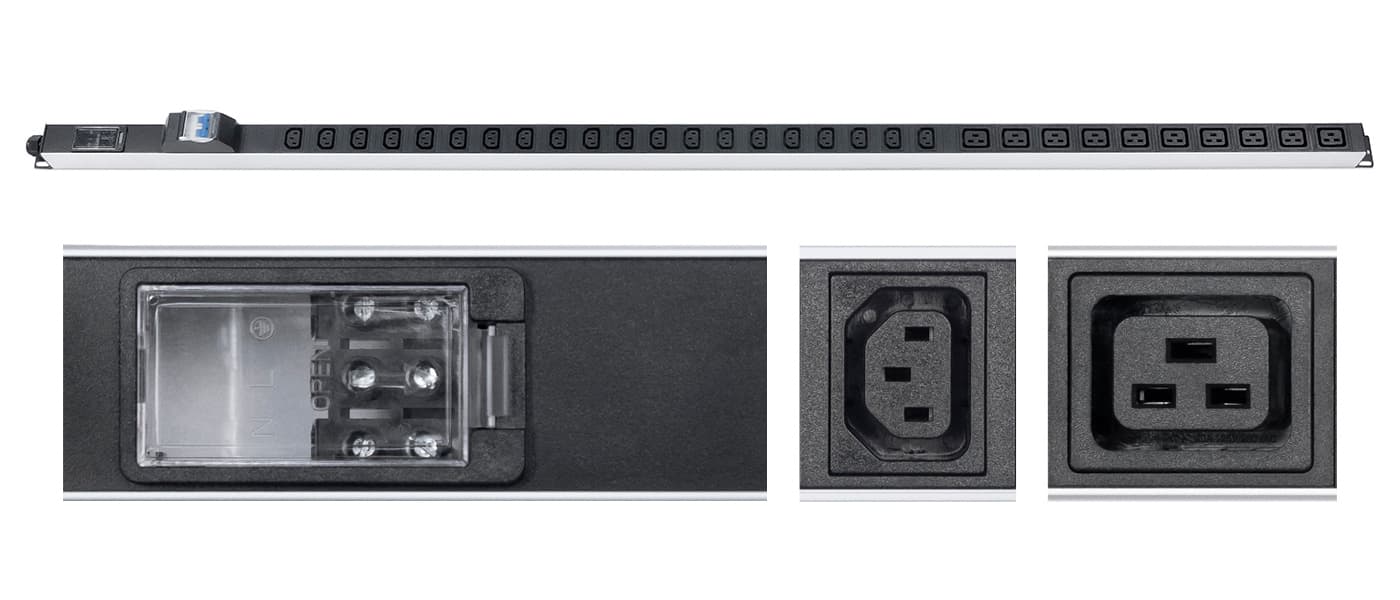 Блок розеток для 19' шкафов, вертикальный, 10 розеток IEC 320 C19, 20 розеток IEC 320 C13, 32А, автомат защиты, алюминиевый корпус, клеммная колодка