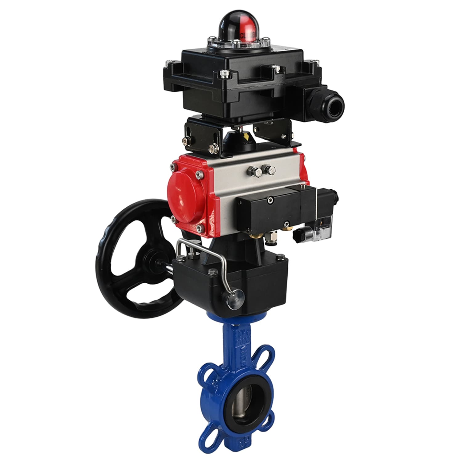 Затвор дисковый WCB-316L-EPDM Ду250 Ру16, корпус углеродистая сталь WCB, диск нержавеющая сталь 316L, уплотнение EPDM, пневмопривод DA-140, пневмораспределитель PND2-S1EM-52-1NC-J08-220VAC, БКВ LSB-410-02ExM12-250, ручной дублёр HDM-4