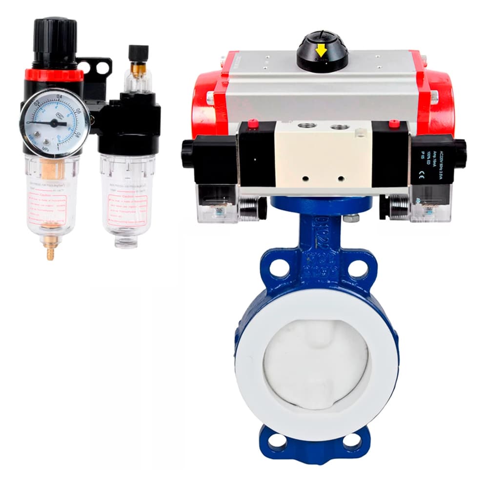 Затвор дисковый WCB-WCB-PTFE-PTFE-Fb-H Ду50 Ру16 корпус углеродистая сталь WCB, диск углеродистая сталь WCB, футерованный PTFE, уплотнение PTFE, пневмопривод DA-065, пневмораспределителем PND1-S2EM-52-2-T08-220VAC и БПВ APU1-10-40-V08