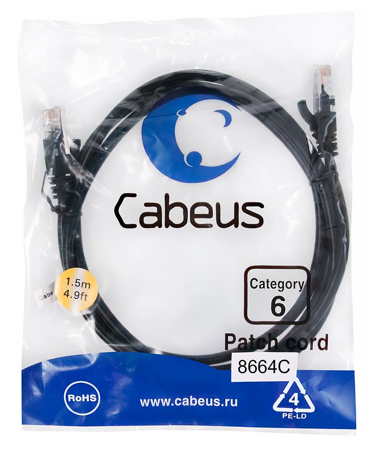 Патч-корд U/UTP, категория 6, 2xRJ45/8p8c, неэкранированный, черный, PVC, 1.5м