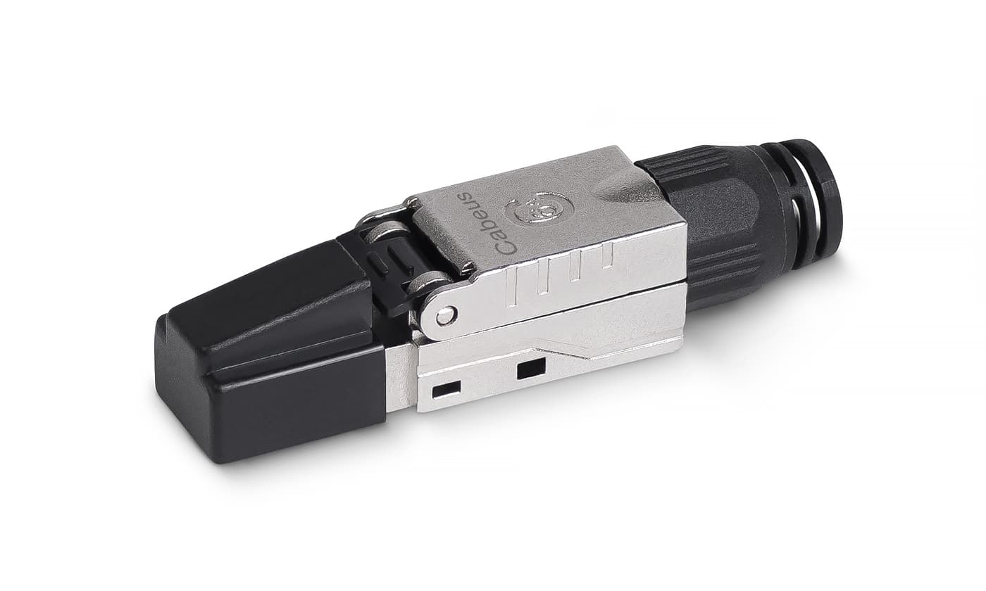 Коннектор с фиксатором кабеля и колпачком RJ-45(8P8C) под витую пару, категория 6, экранированный, для одножильного кабеля, со вставкой