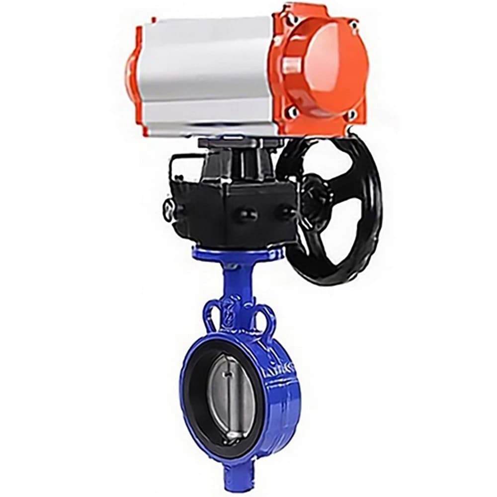 Затвор дисковый поворотный для абразивных сред QT450-316-EPDM-2W-Fb-H Ду200 Ру16, корпус чугун QT450, диск нержавеющая сталь 316L, EPDM, пневмоприводом DA-130 и ручным дублером HDM-3