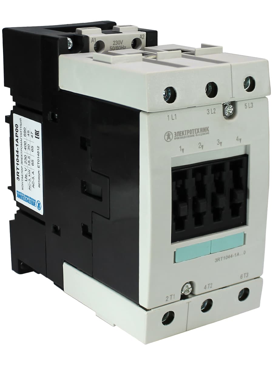 Контактор электромагнитный 3RT1044-1AP00, 3-пол., 65A, AC-3, 30кВт/400V, 230V AC, 50Гц, типоразмер S3, винтовые клеммы, IP20