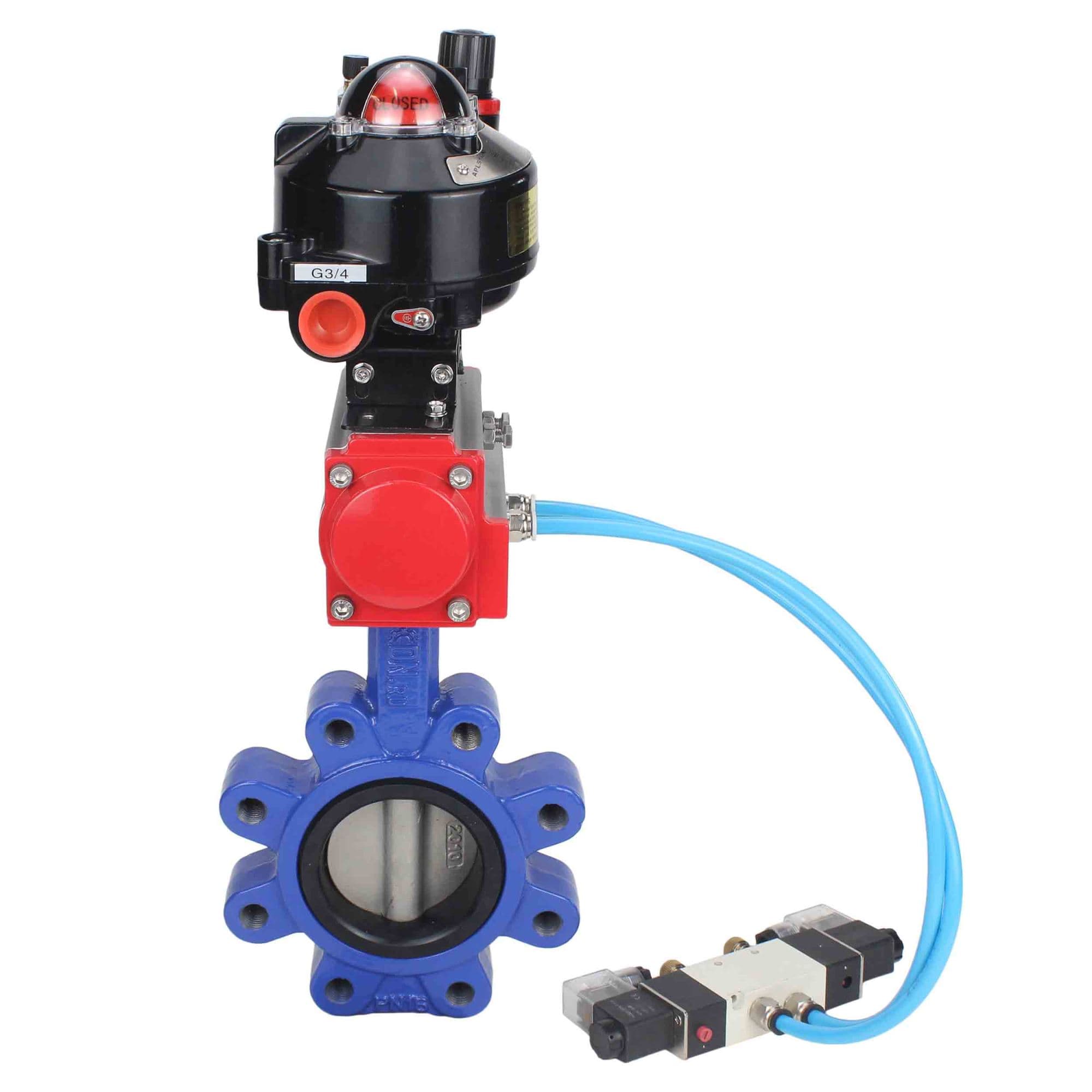 Затвор дисковый поворотный QT450-QT450-EPDM-2W-Fb-H Ду125 Ру16 корпус и диск чугун QT450, уплотнение EPDM, пневмопривод DA-105, пневмораспределитель PND1-S2EM-52-2-T08-220VAC, БКВ LSB-510-02ExM12-250 и БПВ APU1-10-40-V08