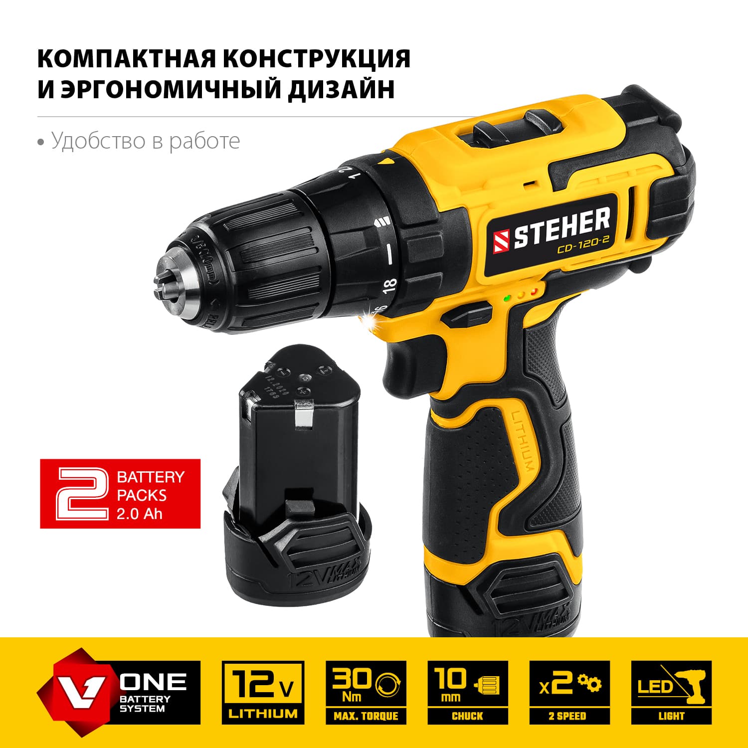 Дрель-шуруповерт 12 В, 30 Нм, 2 АКБ (2 Ач), кейс