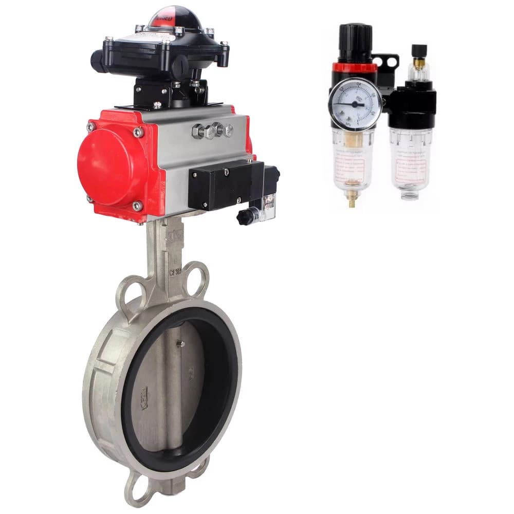 Затвор дисковый поворотный 316-316-NBR-2W-Fb Ду200 Ру16, нержавеющая сталь 316L, уплотнение NBR, с пневмоприводом DA-130, с пневмораспределителем PND1-S2EM-52-2-T10-220VAC, БКВ LSB-210-02NM12-220/24, БПВ APU1-10-40-V08