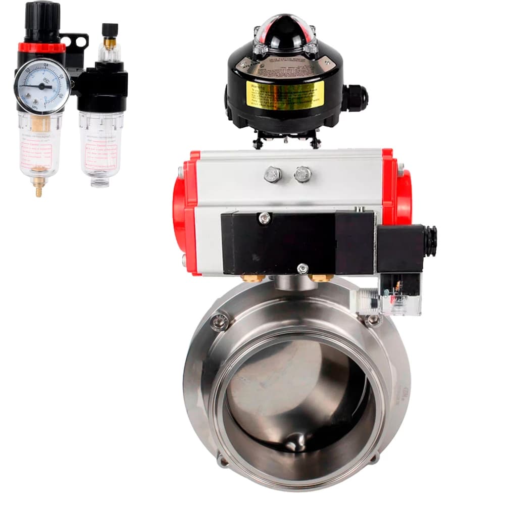 Затвор дисковый поворотный 304-304-Sil-2W-W-H Ду40 Ру10 пищевая нержавеющая сталь 304, уплотнение Silicon, с пневмоприводом SA-065, пневмораспределителем PND2-S1EM-52-1NC-J08-220VAC, БКВ LSB-510-02ExM12-250 и БПВ APU1-10-40-V08