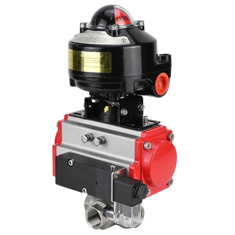 Кран шаровой RP.SS316.200.MM 2 1/2'' Ду65 Ру40 стандартнопроходной трехходовой L-тип, нержавеющая сталь SS316, внутренняя резьба, уплотнение PTFE, пневмопривод DA-083 пневмораспределитель PND2-S1EM-52-1NC-J08-24VDC, БКВ LSB-510-02ExM12-250