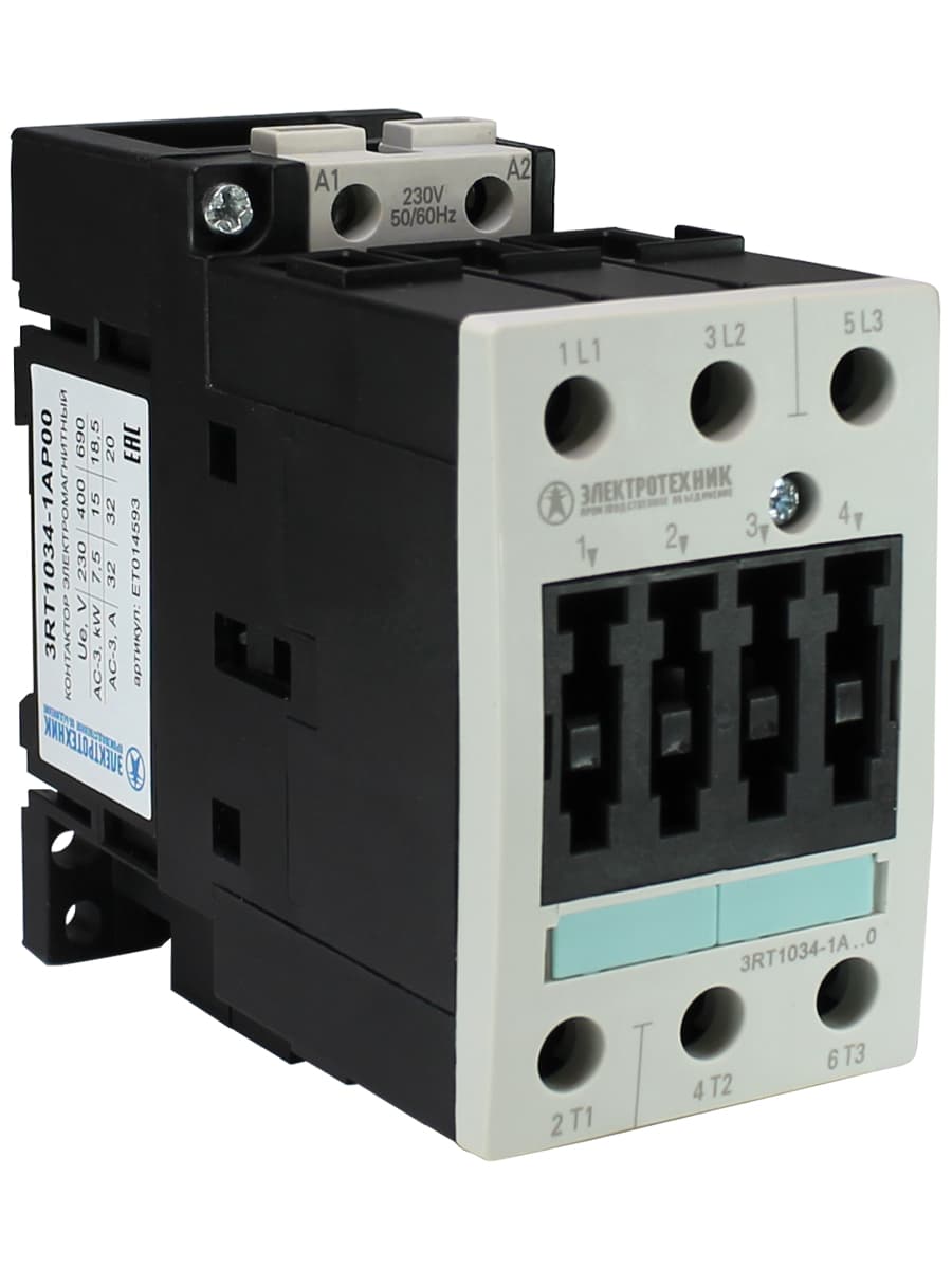 Контактор электромагнитный 3RT1034-1AP00, 3-пол., 32A, AC-3, 15кВт/400V, 230V AC, 50Гц, типоразмер S2, винтовые клеммы, IP20