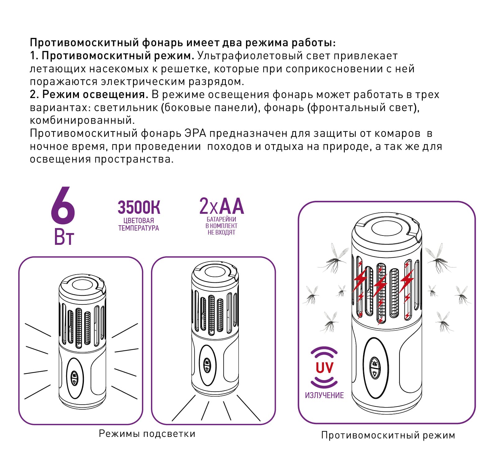Противомоскитный фонарь на батарейках ERAMF-05
