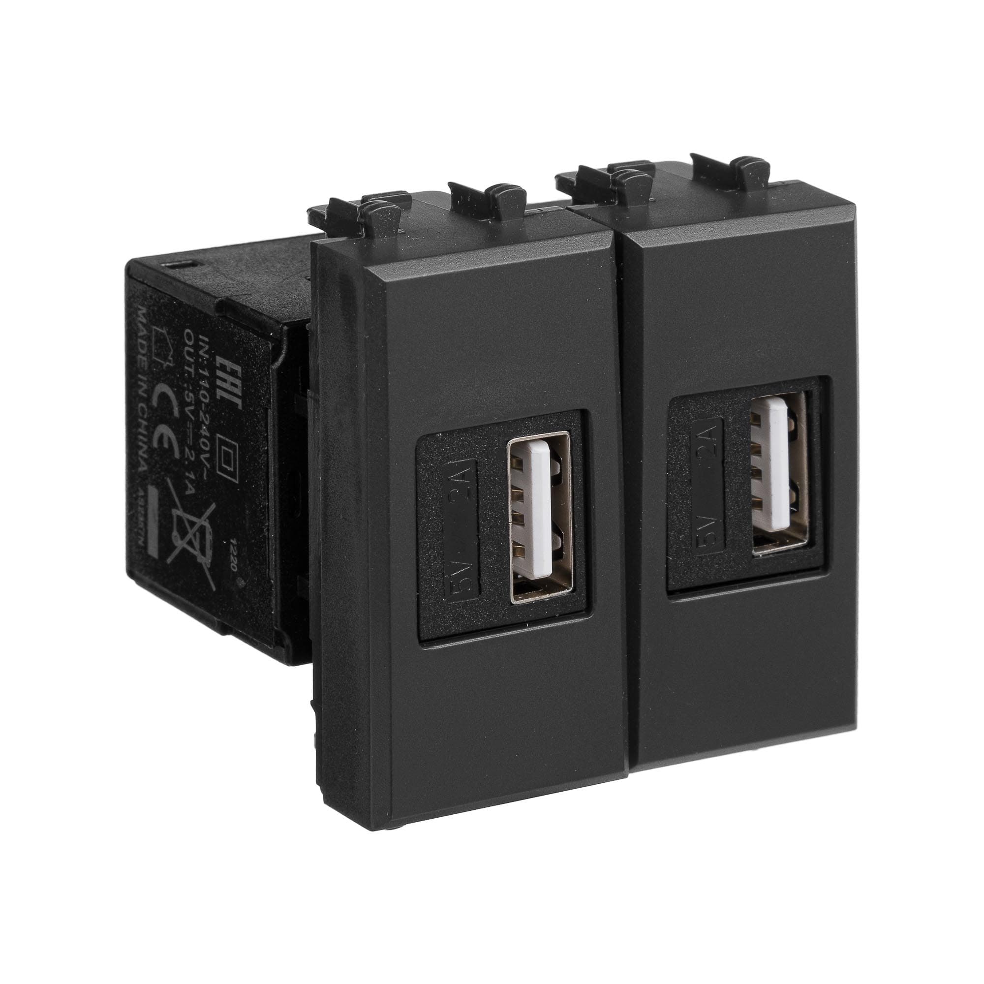 USB зарядное устройство модульное 2.1 А, Avanti, черный матовый, 2 модуля