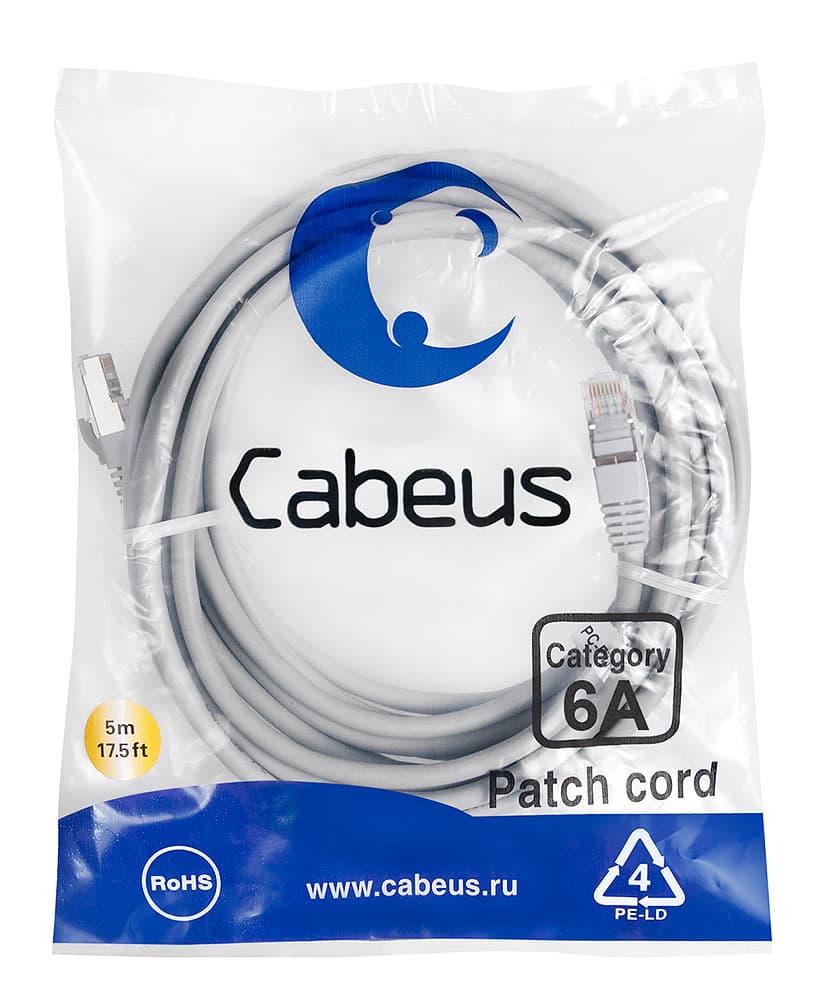 Патч-корд S/FTP, категория 6а (10G), 2xRJ45/8p8c, экранированный, серый, LSZH, 5м