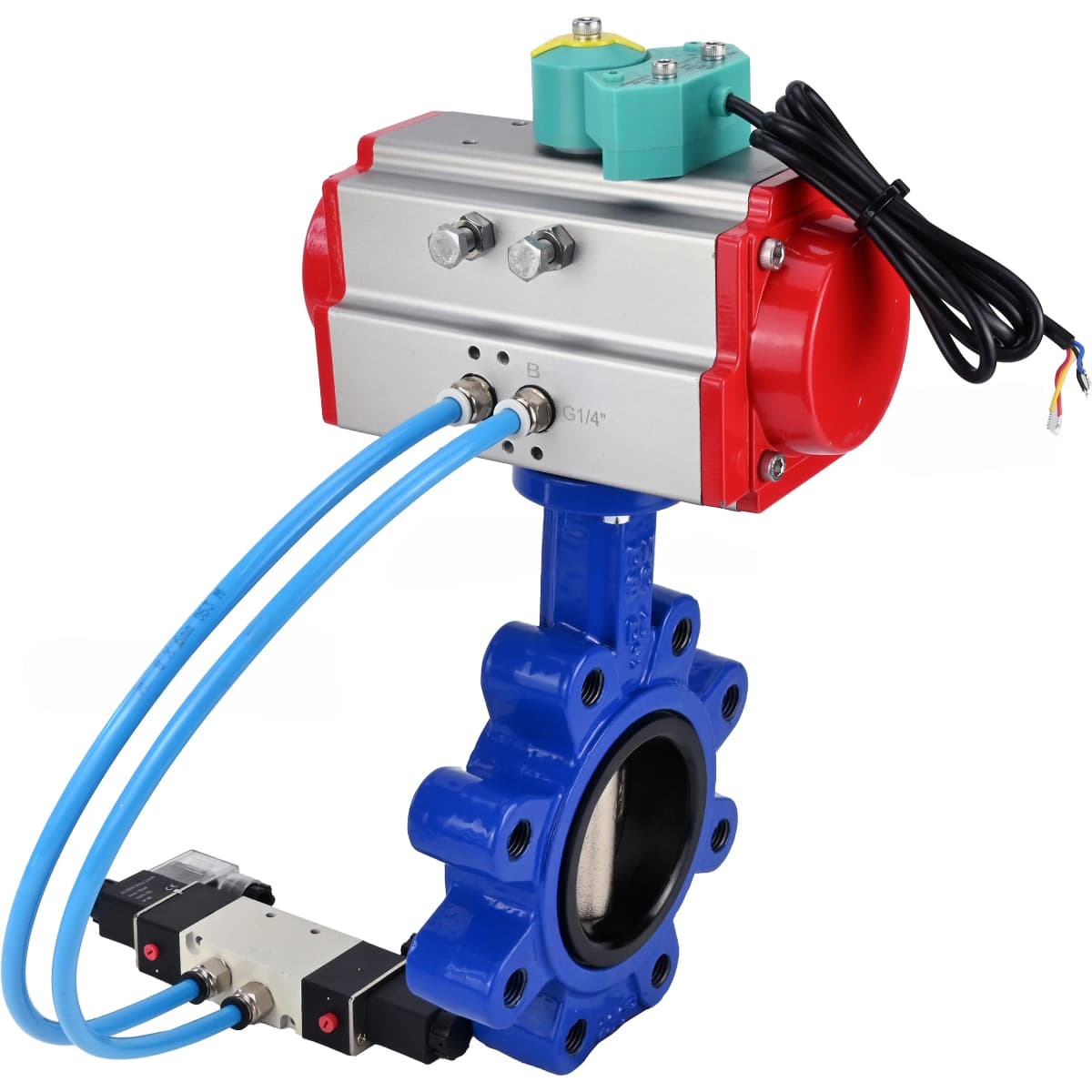 Затвор дисковый поворотный DN.ru QT450-QT450-EPDM-2W-Fb-H Ду125 Ру16 LUG корпус чугун QT450, диск чугун QT450, уплотнение EPDM, с пневмоприводом DA-105, пневмораспределителем PND1-S2EM-52-2-T10-220VAC и переключателем МППП-200