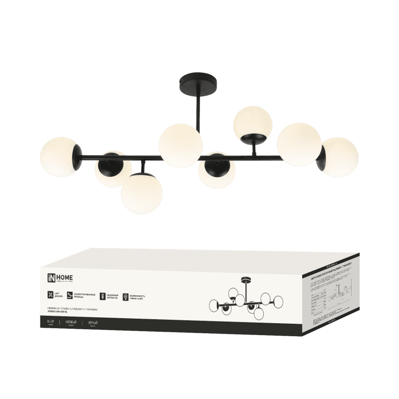 Светильник потолочный под лампу AURORA LUNA-8G9-BL 8xG9 черное основание, матовые плафоны IN HOME