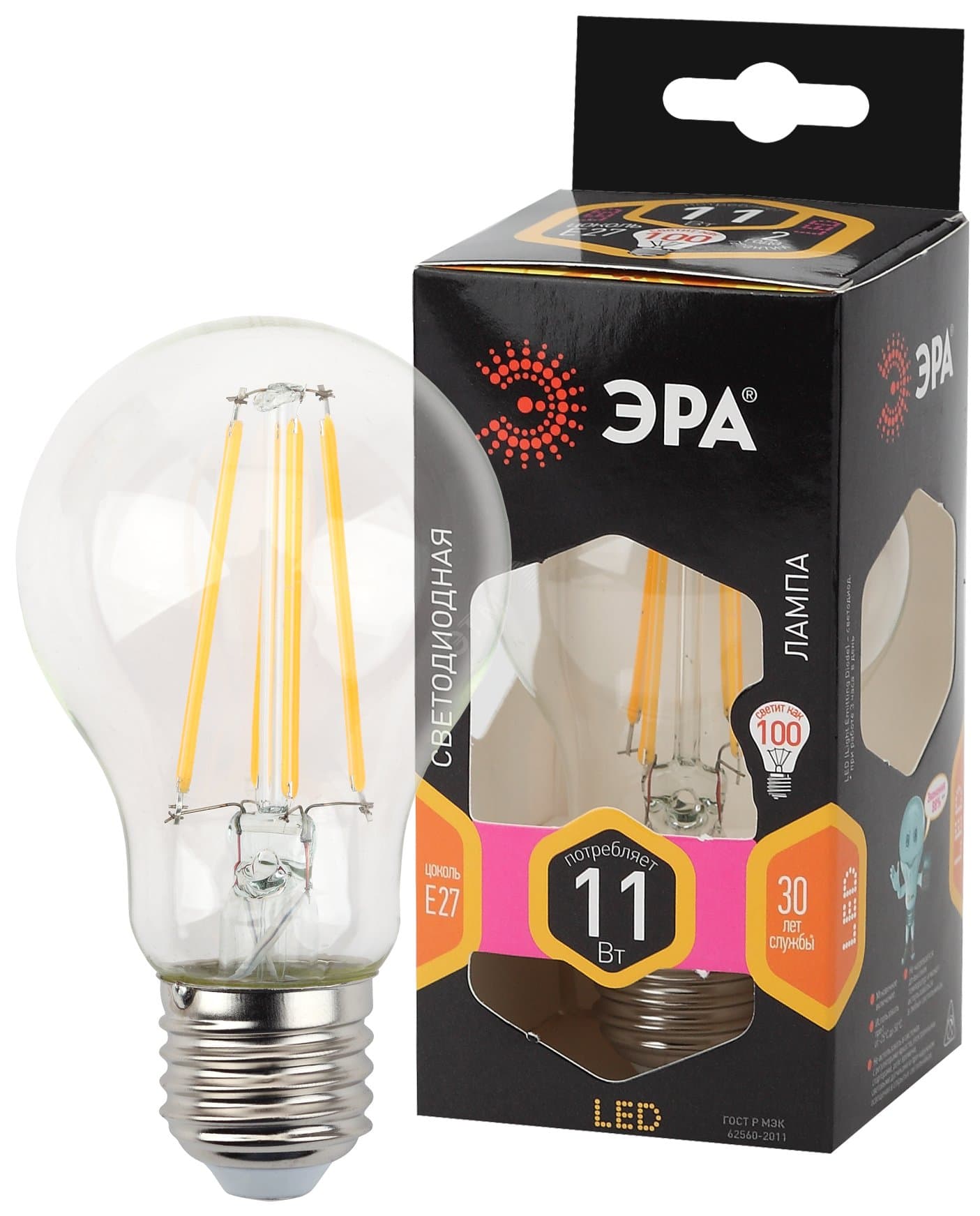 Лампа светодиодная декоративная LED 11 Вт 1430Лм 2700К груша, филамент теплый E27 230В F-LED A60-11W-827-E27
